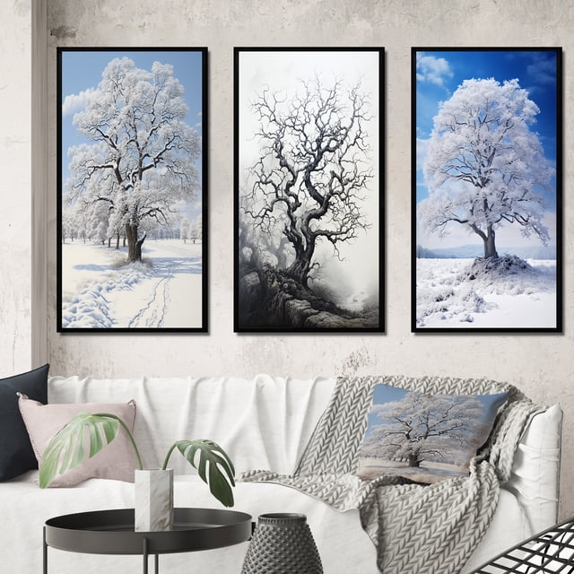 Designart "White Tree Winters beauty" Landscape Trees Framed Wall Art Set Of 3 - White Trees Frame Gallery Set For Office Decor
