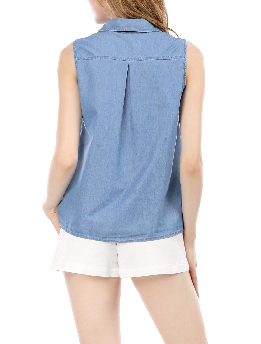 DARING DIVA Women's Single Breasted Point Collar Sleeveless Shirt XL Blue