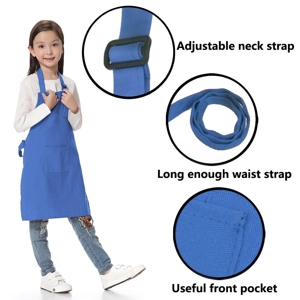 Toptie 6 Pack Kids Aprons with Pocket & Adjustable Strap, Child Chef Bib Apron for Kitchen Cooking Baking Painting-Blue-M