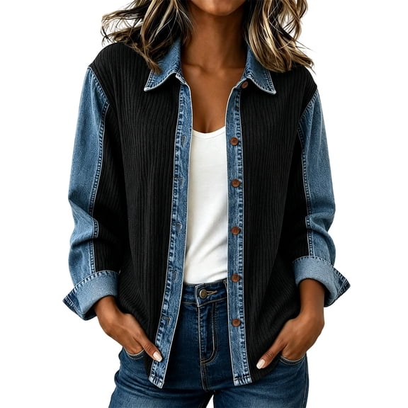 uublik Women Jean Jacket Black Casual Long Sleeve Button Down Classic Jacket Fall Coat
