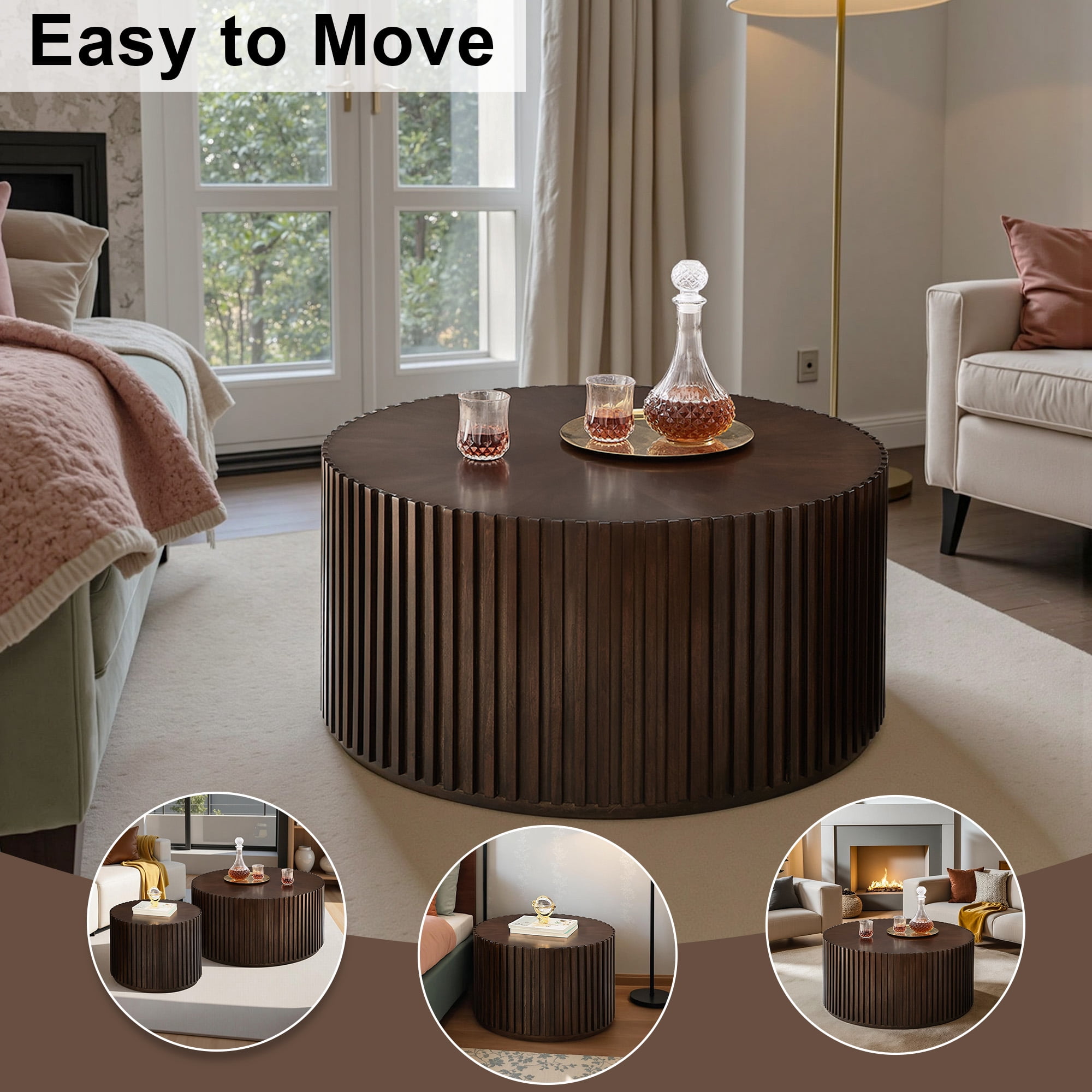 Gexpusm Round Coffee Table, Solid Wood Center Table for Living Room, Circle Drum Coffee Table with Handcrafted Relief, Chocolate