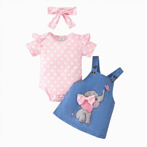 HCNTES Baby Girl Clothes Suspender Skirt Newborn Ruffled Romper Elephant Jeans Dress Headband Summer Outfits 0-18 Months