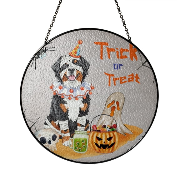 Trick or Treat Bernese Mountain Dog Funny Mummy Cosplay Pumpkin Candy Basket Stained Glass Suncatcher Berner Lover Gifts Window Hanging Sign Decor - 12016