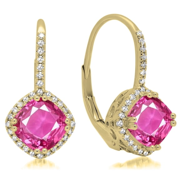 2.20 Carat (ctw) 14K Yellow Gold Cushion Cut Pink Sapphire & Round Cut White Diamond Ladies Halo Style Dangling Drop Ear