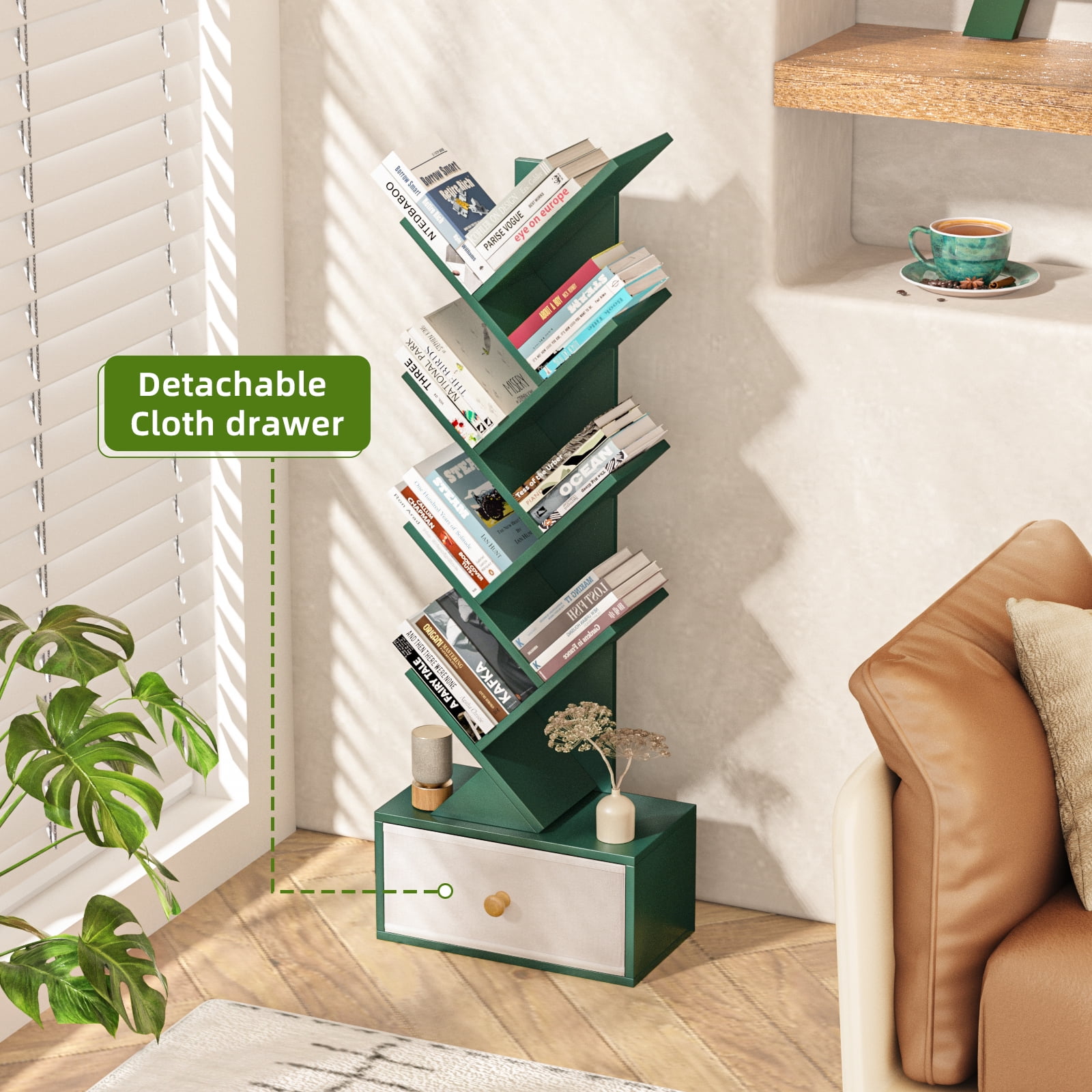 LELELINKY Floor Bookshelves,Tree Bookcase, 8-Tier Floor Standing Bookshelf for Living Room, Dark Green