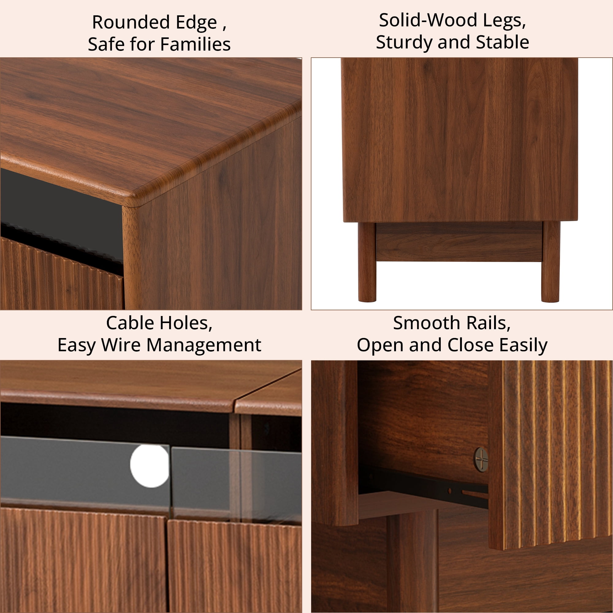 Homy Casa 78.7" Walnut TV Stand for 85" TVs with 4 Fluted Glass-Front Drawers and Cable Management