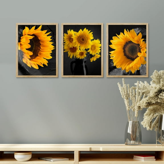 PixonSign Framed Canvas Print Wall Art Set - Vibrant Sunflower Garden Floral Botanical Poster Art - Set of 3 Nature Plants Photography Wall Décor for Living Room - 11"x14" Natural