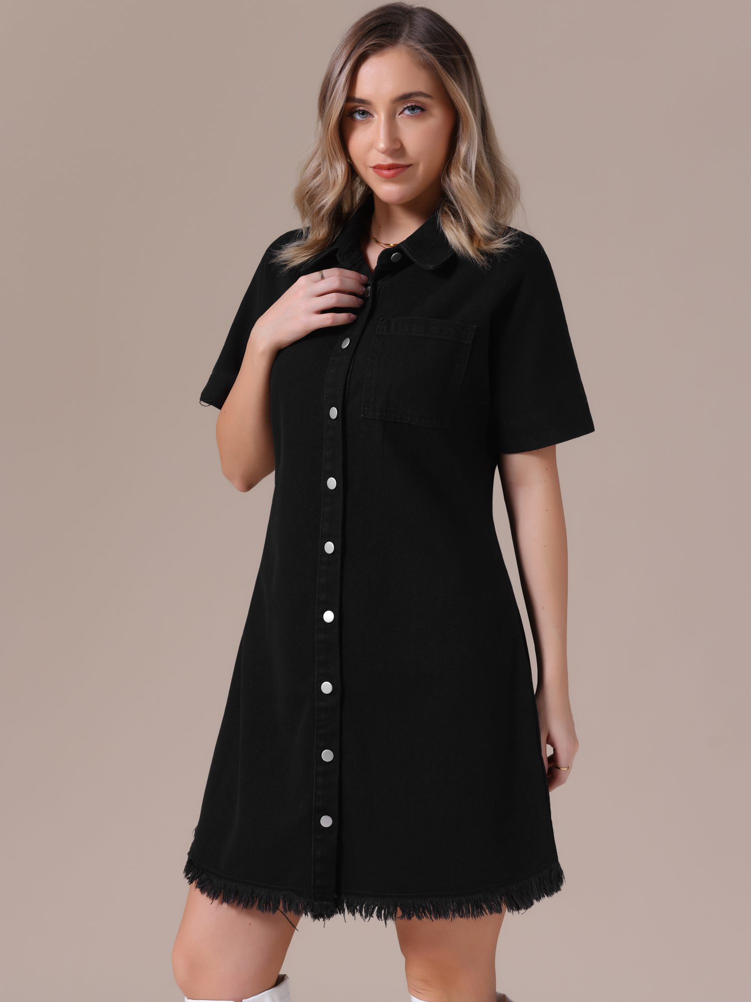 DARING DIVA Short Sleeve Denim Collared Button Front Jean Dress M Black