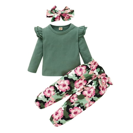 

18 Months Baby Girls Clothes 24 Months Girls 3PCS Fall Winter Clothing Set Solid Top Floral Pants Headband Set Toddler Girls Long Sleeve Outfits Light Green