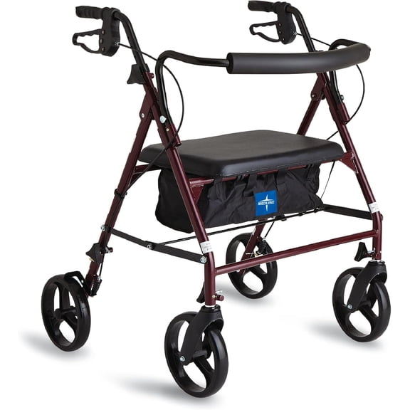 Medline Rolling Walker, Folding Rollator with Seat and 8-In Wheels, Heavy Duty, Burgundy, 500-lb Capacity, Steel