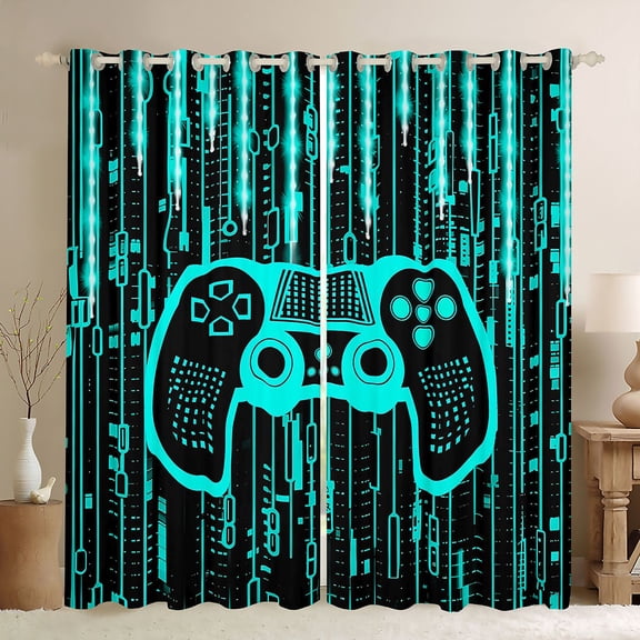 Homewish Cartoon Game Console Black Out Curtains for Kids, Black Cyan Stripes Ombre Curtains Pack of 2 (42x63 Each), Modern Video Game Lover Bedroom Curtains, Curtains and Drapes Decor