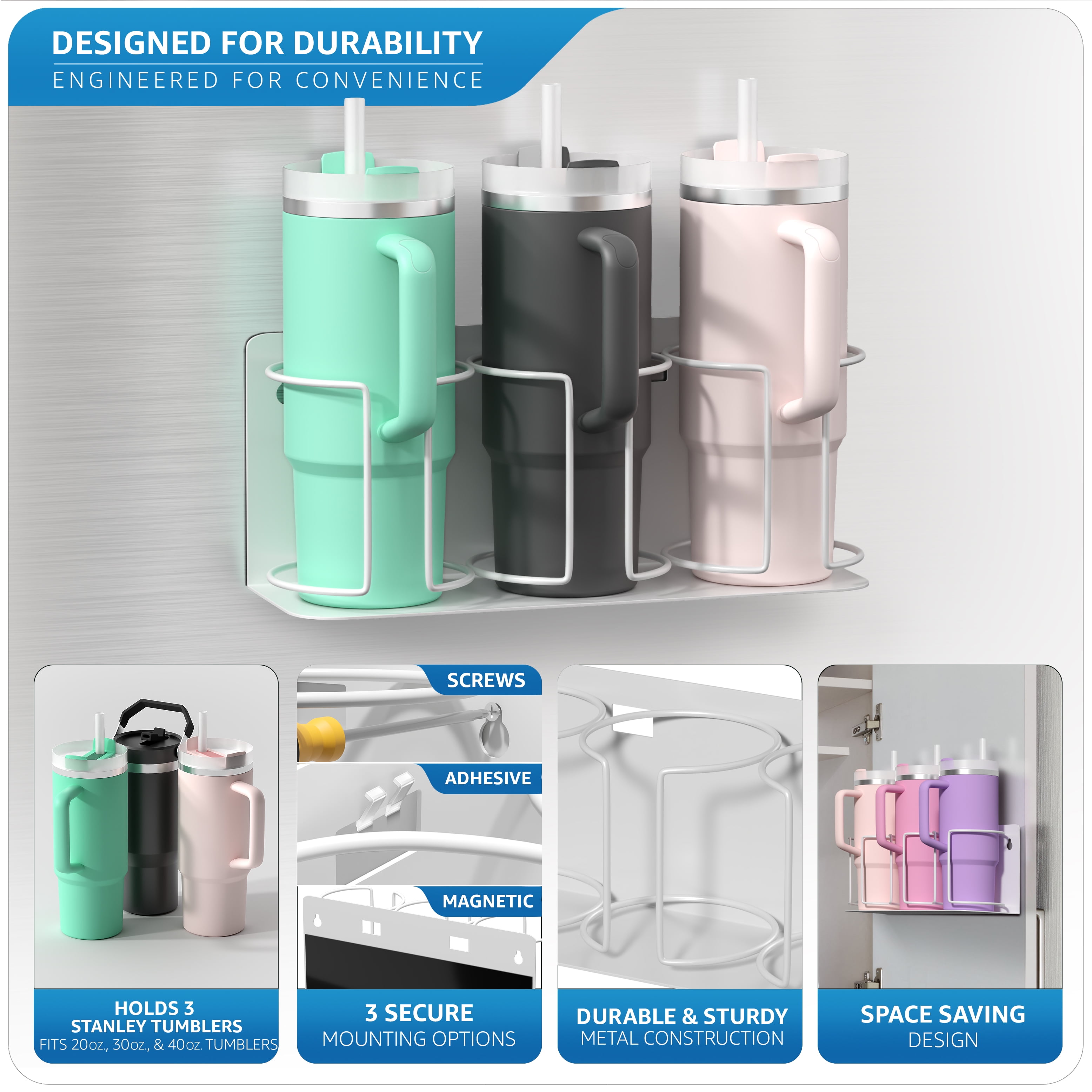 Sorbus 2 Pack Magnetic Cup Holder Rack – Holds 3 Tumblers or Water Bottles Each – Adjustable White Organizers for Fridge, Oven, or Wall – Includes Adhesive Tape & Screws for Easy Mounting