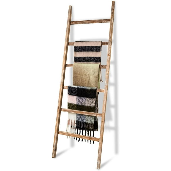 RANXFLOAT 6-Tier Blanket Ladder Wooden, Blanket Quilt Towel Holder Rack Decorative Ladder, Rustic Farmhouse Ladder Shelf for The Living Room Bedroom Home Decor Carbonized Wood 24 Inch