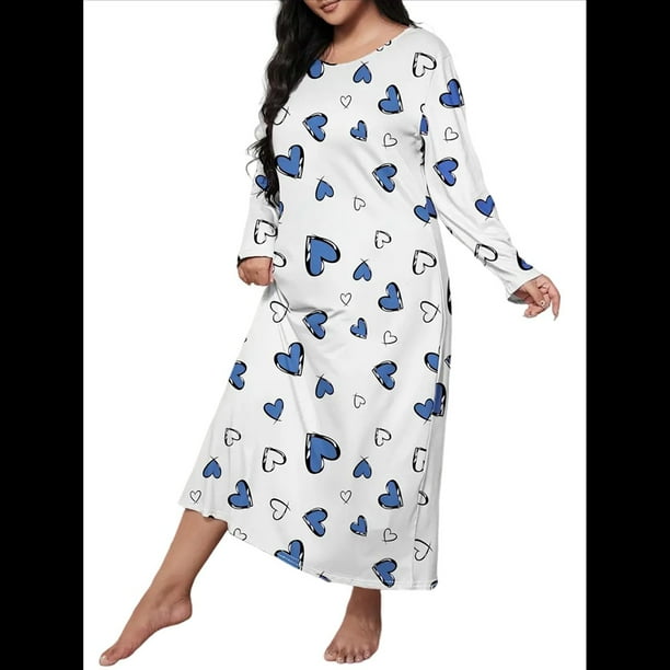 Camisón de Larga para Mujer, Estampado, Camiseta, Vestido de Dormir Amor Azul 5XL