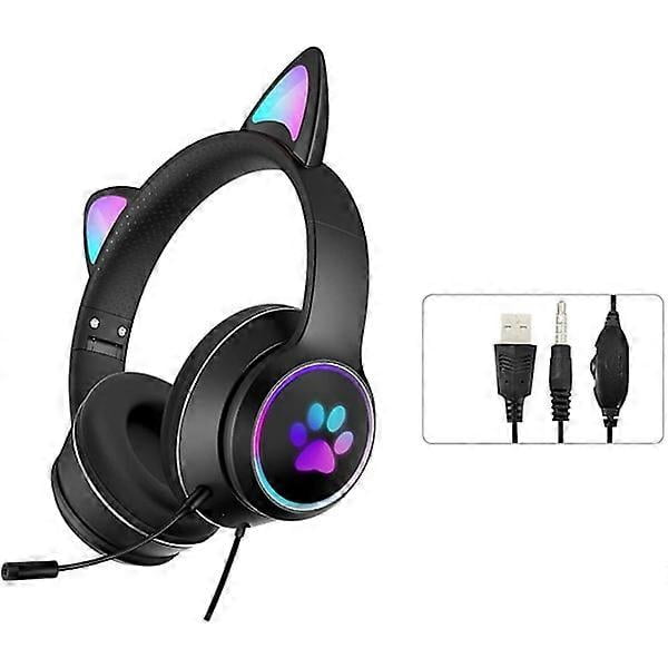 Gaming Headset with Foldable Kitten Ears, RGB LED Light, Stereo Sound, Microphone, USB 3.5mm, Wired, Over Ear, Kids