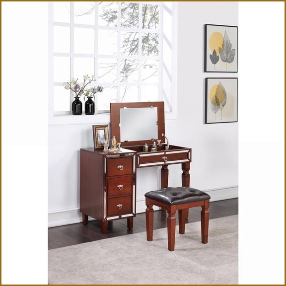 Traditional Cherry Vanity Set with Stool – 3 Storage Drawers, Tufted Seat | Bedroom | Rubber Wood