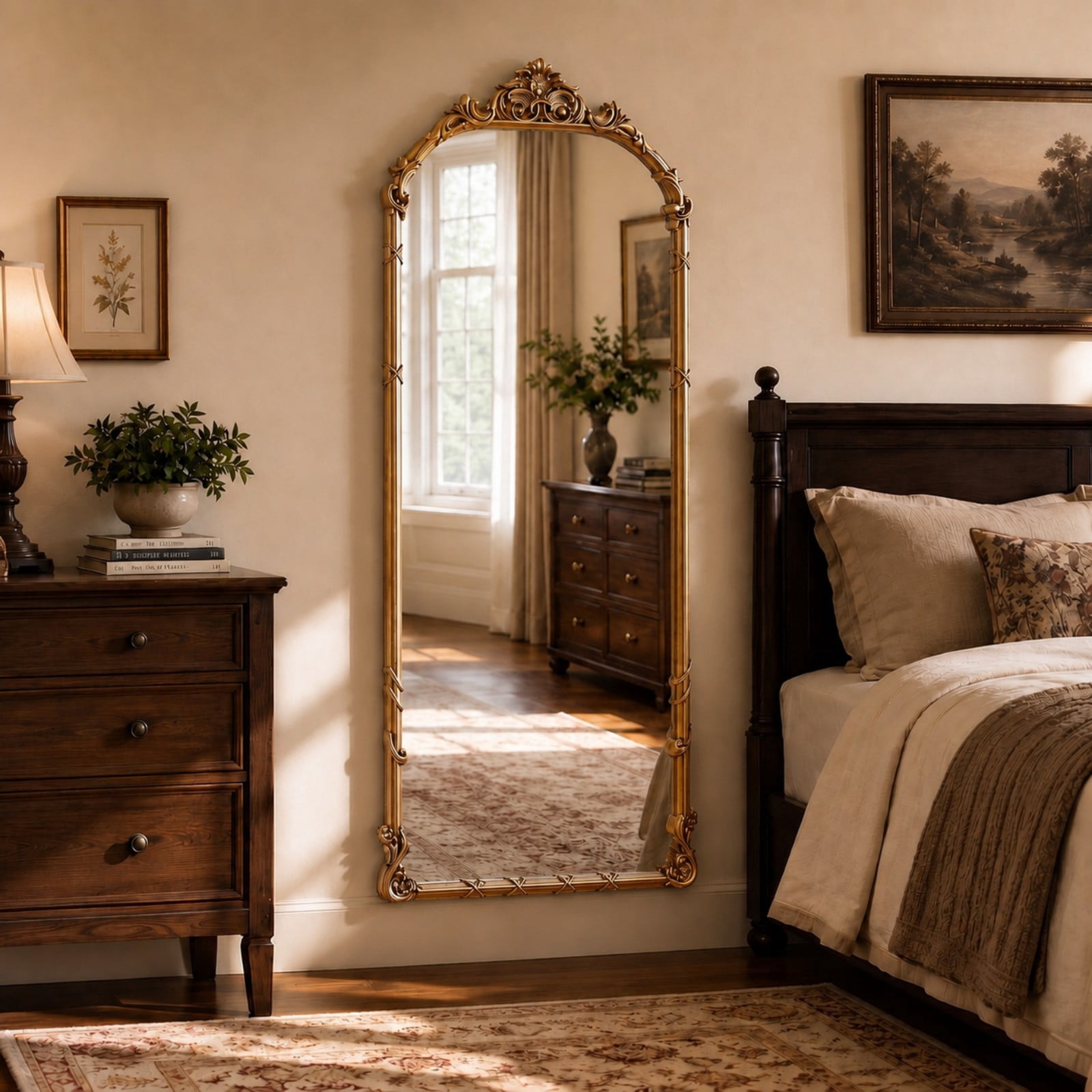 AUROMIR 69"x28" Arched Full Length Mirror Vintage Floor Mirror with Carved Patterns, Antique Bronze