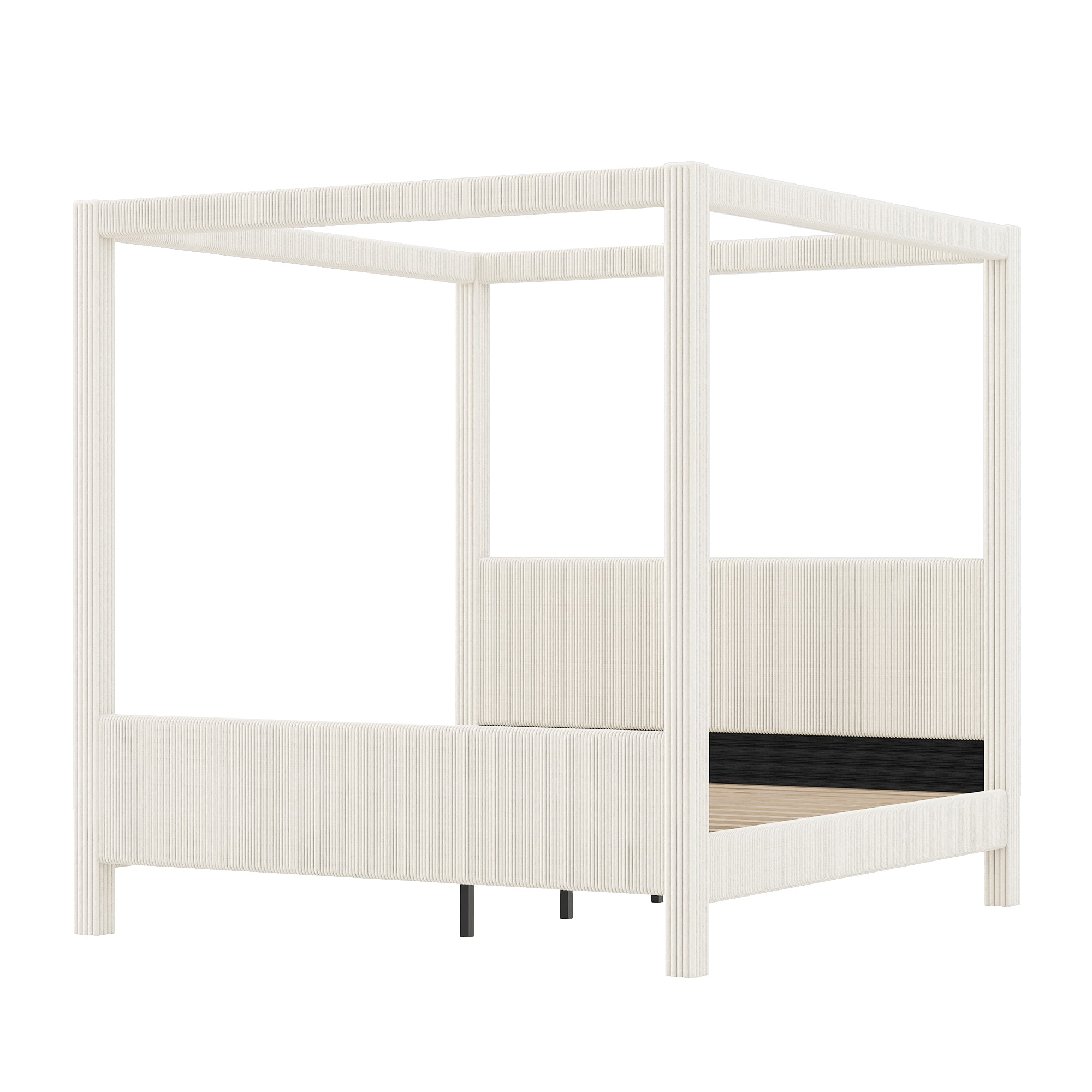 Euroco Upholstery Queen Size Canopy Platform Bed, No Box Spring Needed, Beige
