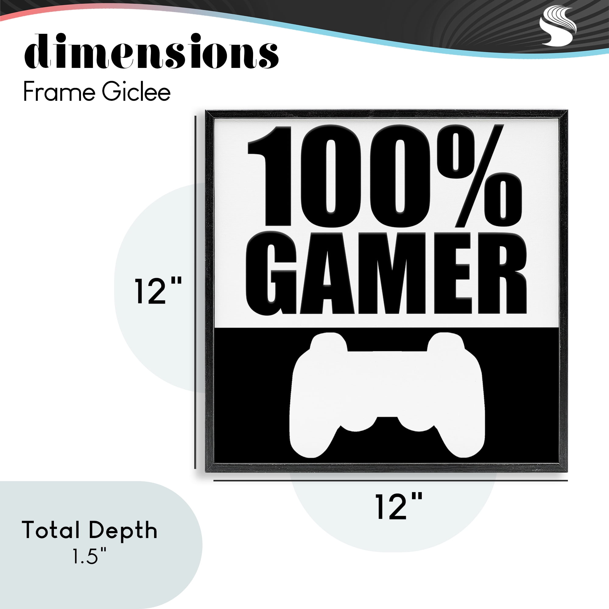 100% Gamer Black & White Black Framed Giclee Art, design by Kim Allen