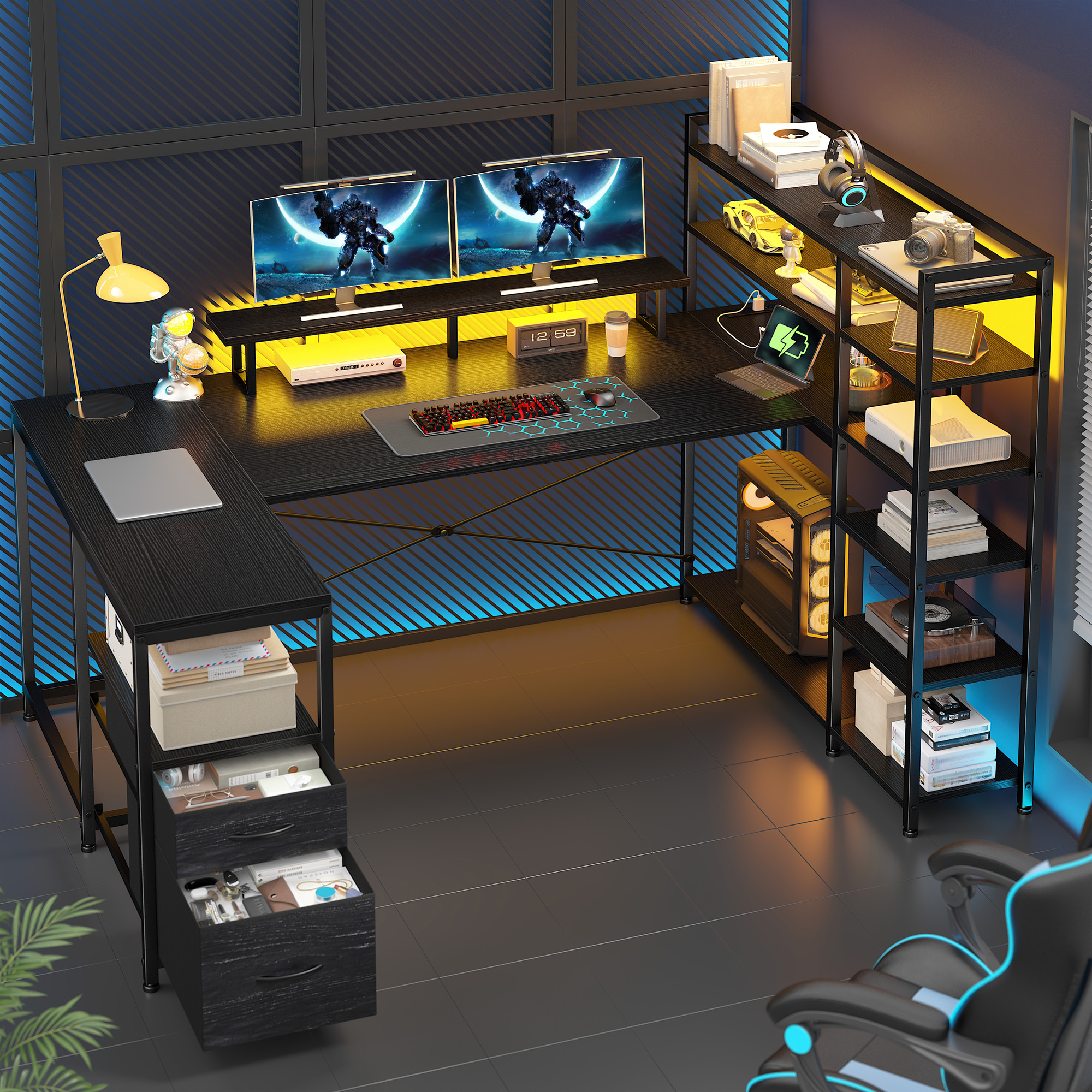 Romorgniz 63 inch U-Shaped Gaming Desk with Power Outlet & LED Lights, 6-Tier Storage Shelves & 2 Fabric Drawers, Reversible Computer Desk for Home Office, Black