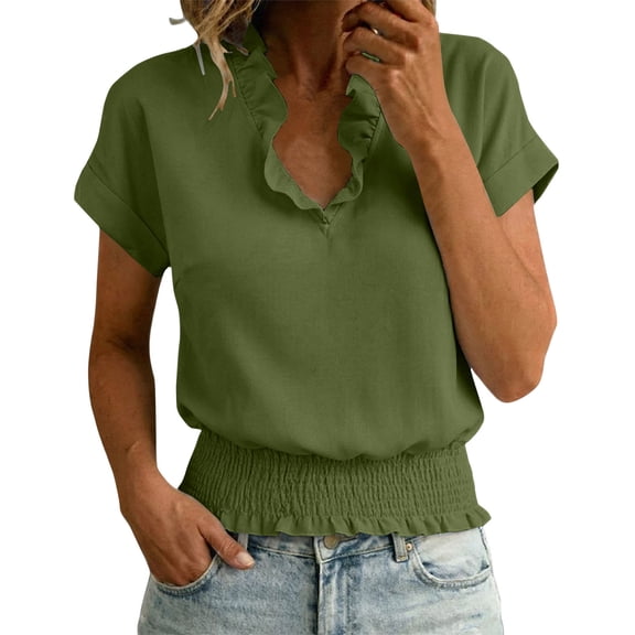 Women's V-Neck Short-Sleeve Waist-Cinching Casual Loose Summer Top