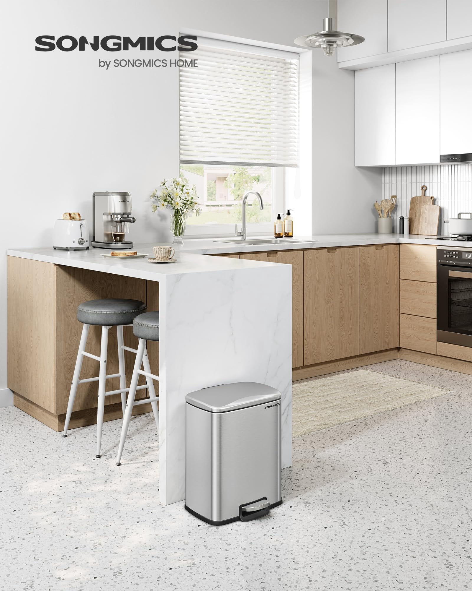 5.2-Gallon (20L) Trash Can, Garbage Can with Lid, Step Trash Bin for Kitchen, Stainless Steel, Soft Close and Stays Open, Inner Bucket, Includes 15 Trash Bags, Silver