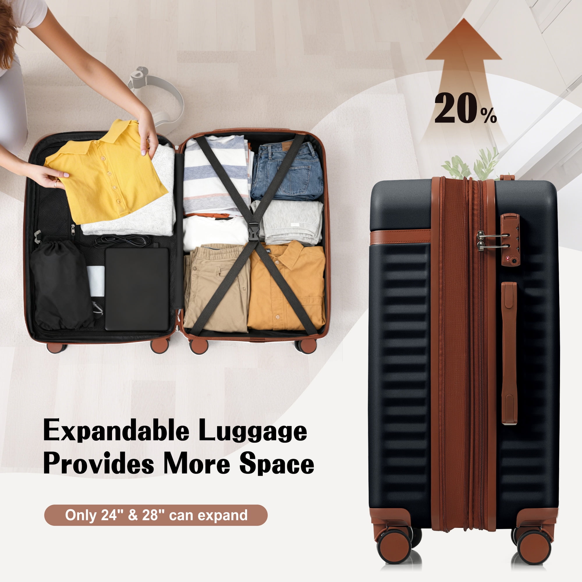 Euroco 3 Piece Front Opening Luggage Set, Hardshell Expandable Carry on Suitcase with Spinner Wheels,USB Port & TSA Lock, Lightweight Luggage for Travel,20in/24in/28in,Black