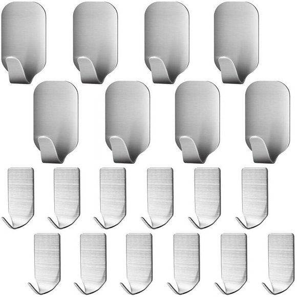 Jinsinto 20 Pieces Adhesive Hook, Stainless Steel 3M Adhesive Wall Mount Holder for Bathrobe, Coat, Towel, Keys, Bags, Home, Kitchen, Bathroom, Anti-Rust and Waterproof -