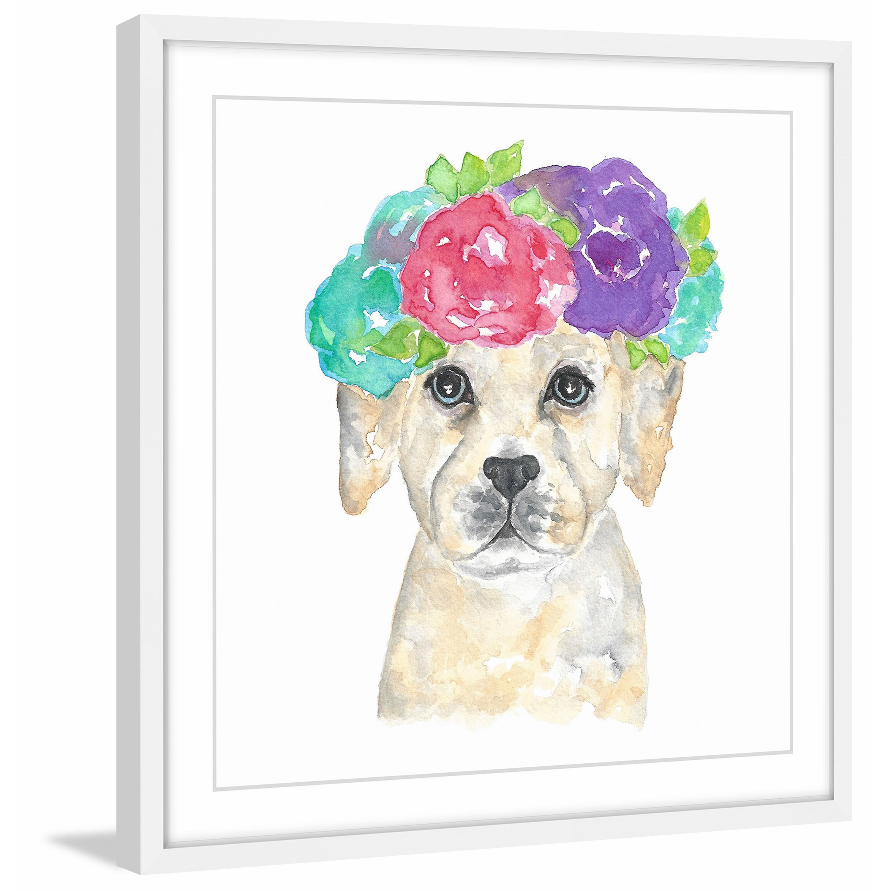 Marmont Hill "Dog with Flower Crown" by Thimble Sparrow Framed Painting Print