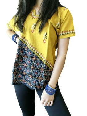 Women Tunic Top,Yellow Black Blouse, Embroidered Shirt Tunic Cotton Summer Casual Tops SM