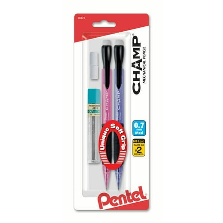 Pentel CHAMP Mechanical Pencil (0.7mm) Mechanical Pencil with Lead and (2) Eraser Refills 2-Pk