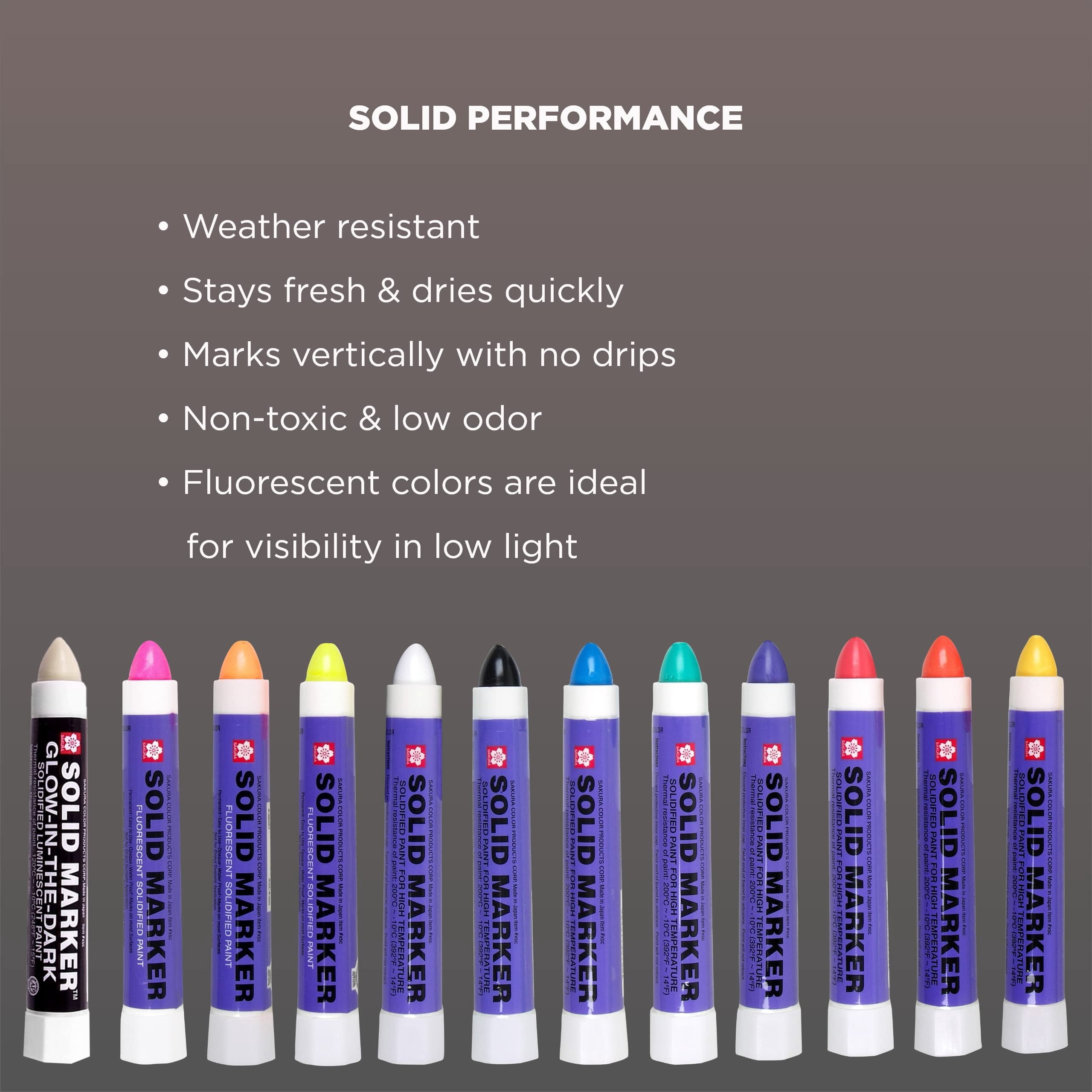 Sakura Solid Paint Markers - 11 Permanent Marker Paint Pens and 1 Glow-in-the-Dark Paint Marker - Window, Wood & Glass Marker - Assorted Paint Colors - 12 Pack