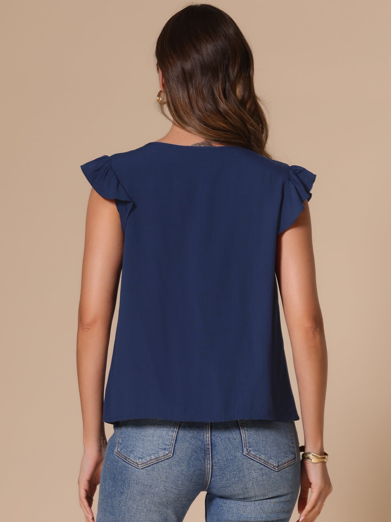 DARING DIVA Women's Ruffle Short Sleeve Front Tie V Neck Cute Blouses L Dark Blue