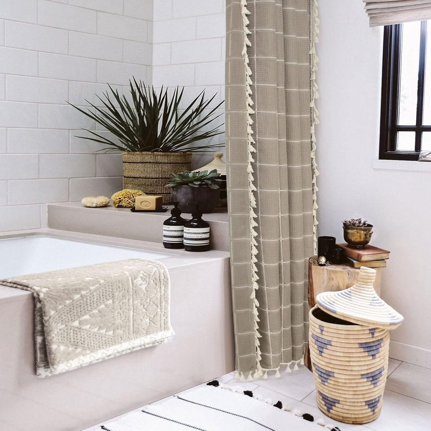 Zrodlmo Boho Farmhouse Shower Curtain with Hooks Rustic Cottagecore Fabric Bathroom Curtain with Tassels, 72" x 72", Coffee
