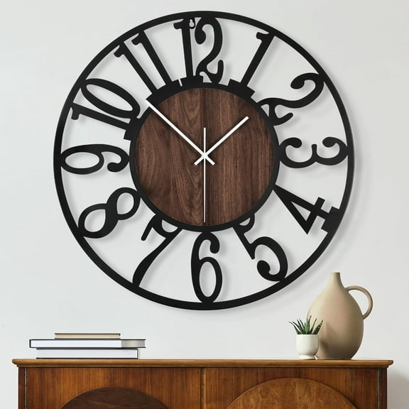 OMA Round Wall Clock for Living Room Decor Battery Operated Non Ticking Silent Vintage Black Metal Wood Clocks for Home Living Room Garden Farmhouse Office Kitchen Decoration -20 inch