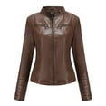 thumbnail image 3 of UTTOASFAY Coat Women'S Slim-Fit Leather Stand-Up Collar Zipper Motorcycle Suit Thin Coat Jacket Brown XL, 3 of 7