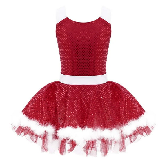 Kaerm Kids Girl Sequins Dance Leotard Dress Christmas Santa Outfits Ballet Skating Dancewear Gym Bodysuit Red 12