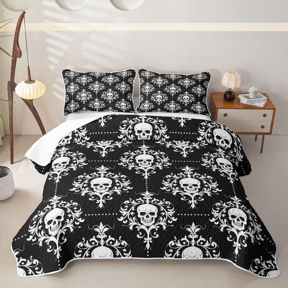 Homewish Hipple Halloween Skull Twin Quilt Set,Vintage Damask Twin Coverlet Set,2-Piece