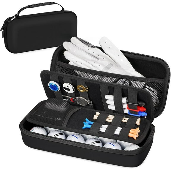 Golf Glove Case with Removable Glove Shaper, Golf Gifts for Men with 2 Dividers, Protective Hard Shell Golfing Organizer Fits Balls, Tees, Markers, Divot Tool, Accessories, Black