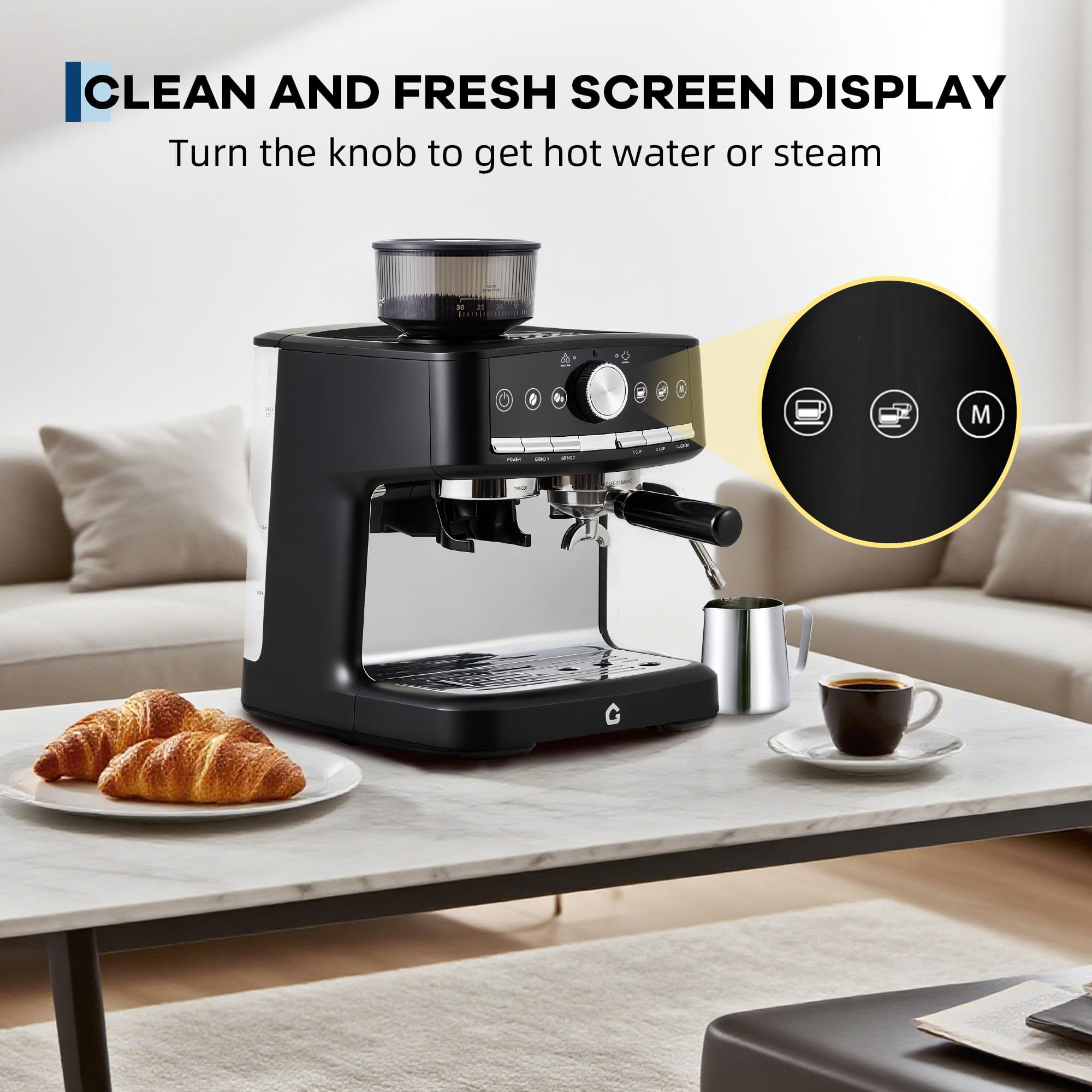20 Bar Pressure Stainless Steel Espresso Machine with Grinder, 1.5L Removable Water Tank, Milk Frother Steam Wand for Latte/Cappuccino - Adjustable Shot Volume, Professional Home/Office Use