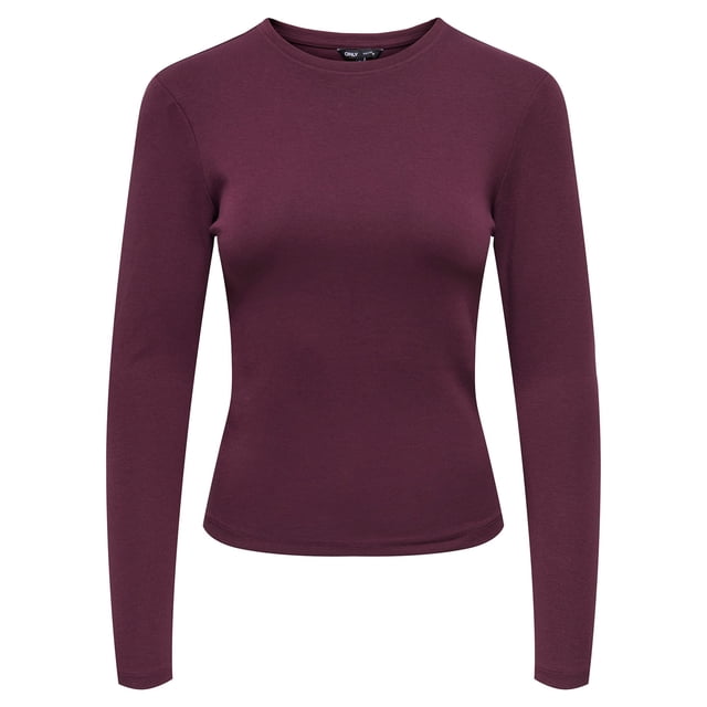 ONLY Camiseta de manga larga para mujer - ONLRILEY O-NECK TOP, manga larga, cuello redondo, algodón elástico Rojo oscuro L (Large)