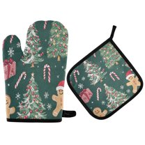 Yayeee Oven Mitts and Pot Holder Set of 2 Heat Resistant Kitchen Gloves Baking Hot Pad, Red Christmas Gingerbread