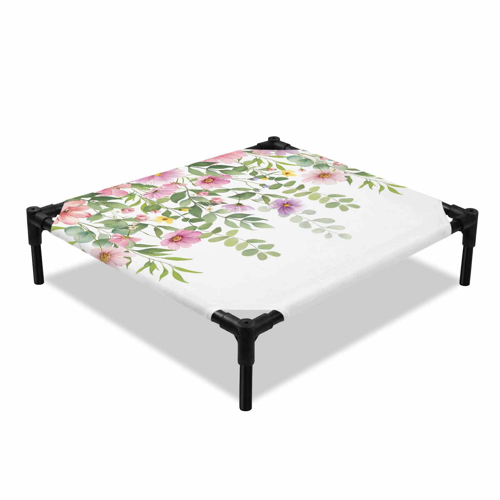 Spring Pink Flower Elevated Dog Bed Eucalyptus Leaf Watercolor Wildflower Cooling Breathable Outdoor Raised Dog Cot Bed with Metal Frame Non-Slip Feet for Small Dog 20x20in