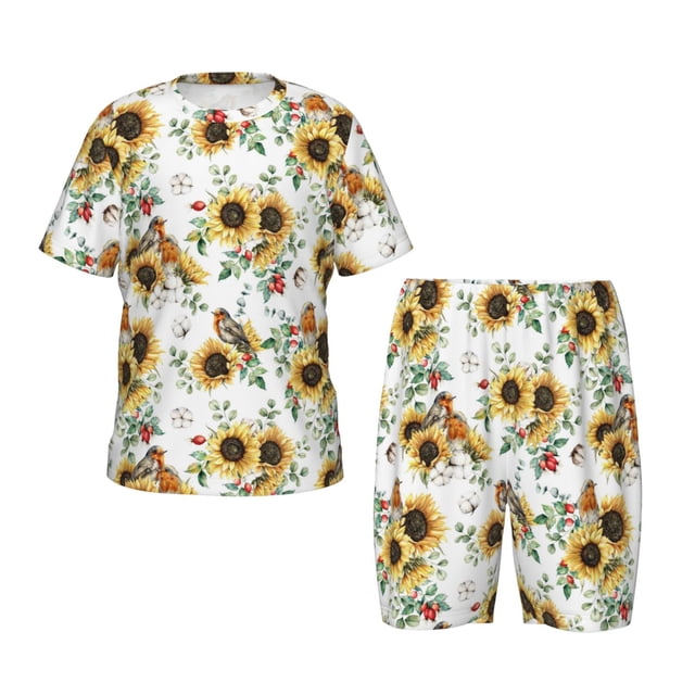 Fotbe Sunflowers Leaves And Birds Pijama Estampada de 2 Piezas para Niños – Ropa de Dormir de Manga Corta Cómoda para Niños y Niñas, Camiseta y Shorts de Algodón-Medium