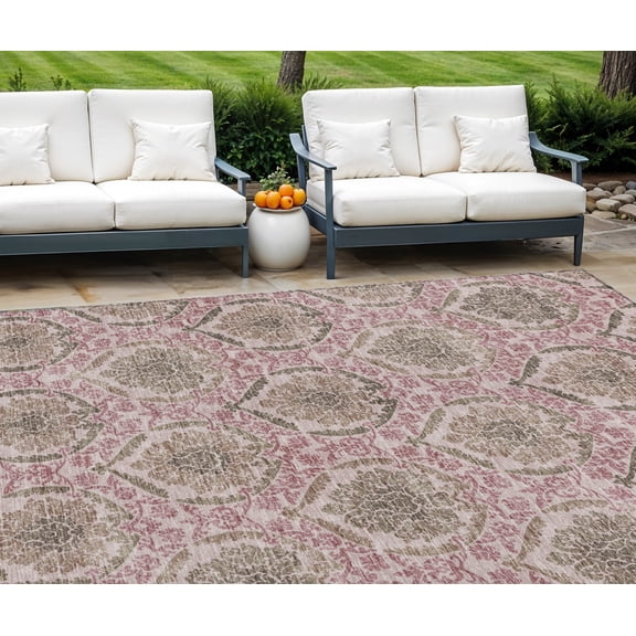 8' X 10' Chocolate Beige And Mauve Medallion Washable Indoor Outdoor Area Rug