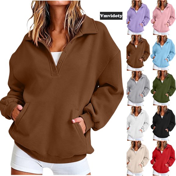 Womens Oversized Sweatshirts Warm Pullover Fall Hoodies | Button Up Quarter Closure V Neck, Athleisure Business Casual Outfits, Cute Winter Clothes Coffee L