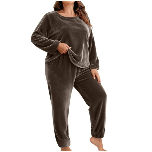 qelini Fleece Pajama Sets for Women Winter Plus Size Crewneck Long Sleeve Top and Pant Pjs Set Soft Warm Sleepwear