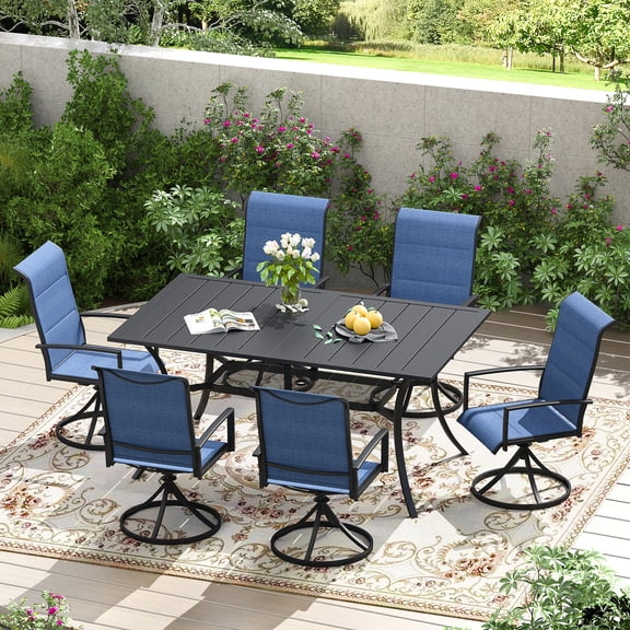 DIFY 7PCS Outdoor Patio Dining Set, 59.2" Rectangular Dining Table and 6 Swivel Chairs, Black/Dark Blue