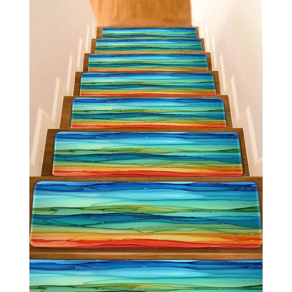 Colorful Marble Non-Slip Stair Treads for Wooden Steps, 10 Pack-8x30in Carpet Stair Mats with Adhesive Backing, Noise-Reducing Step Covers for Indoor Stairs, Easy to Install & Residue-Free
