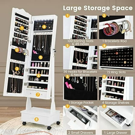 CHARMAID Rolling Jewelry Armoire with Full Length Mirror, Lockable Stand up Jewelry Cabinet with Lights and Wheels, Standing Jewelry Organizer with Drawers, Mirror with Jewelry Storage (White)